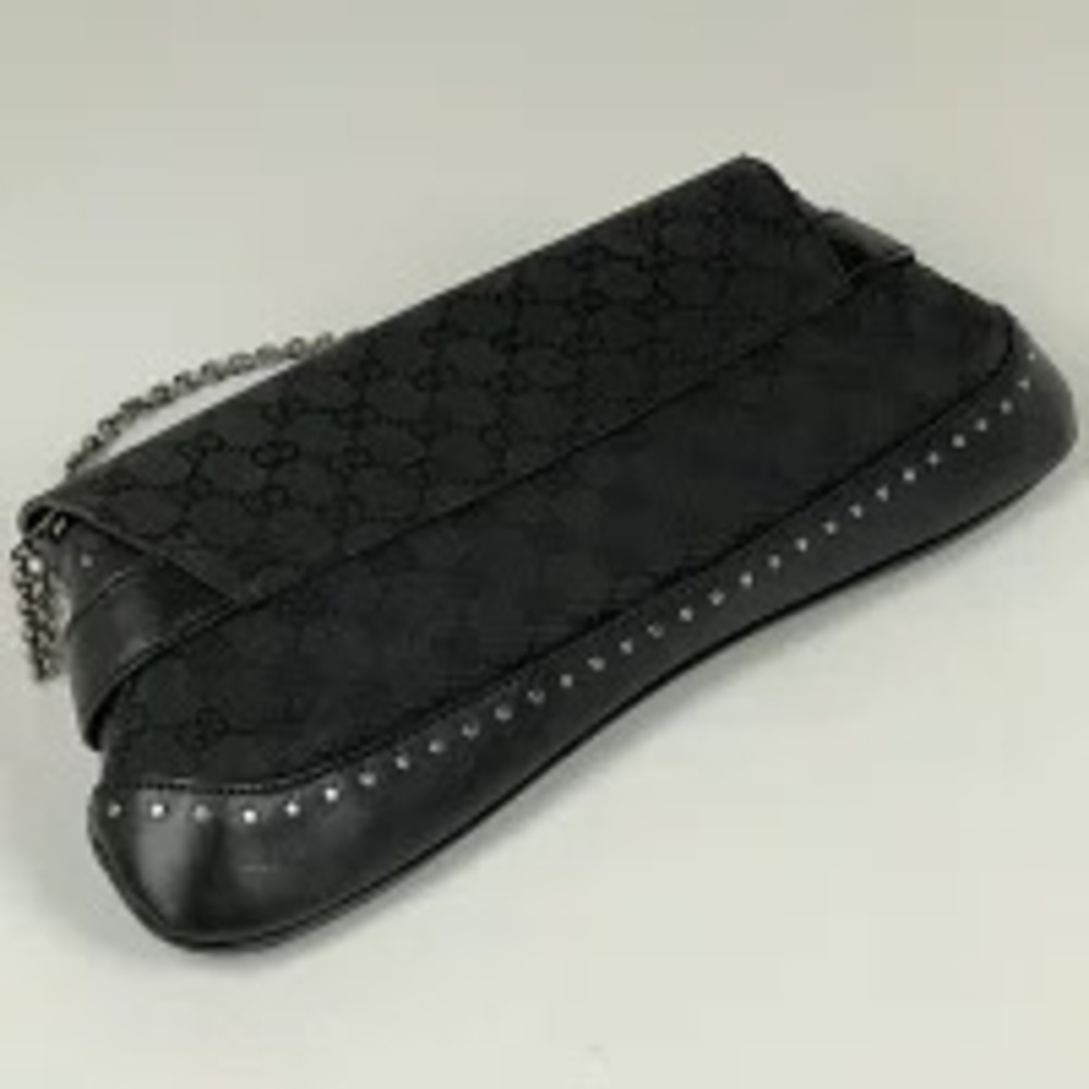 Gucci Clutch Shoulder Horsebit GG Handbag Chain Bag Canvas Black